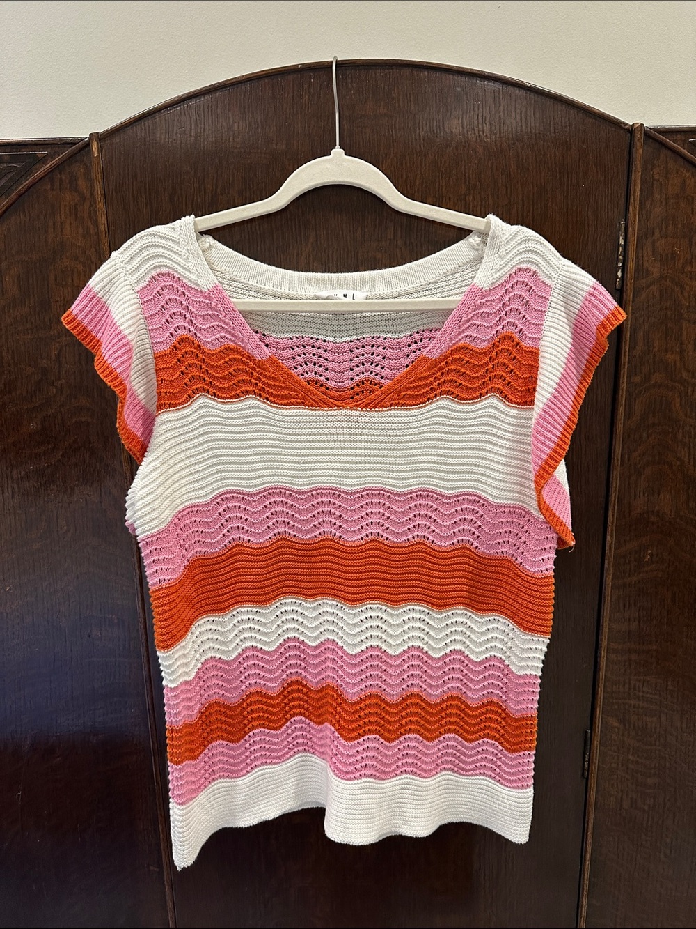 THML White Pink & Orange Striped Knit V-Neck Tunic